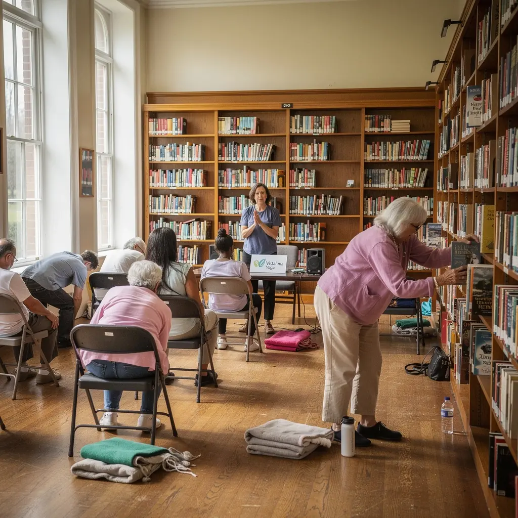 Grupa senioru, kas kopā veic jogas vingrojumus, izmantojot krēslus.