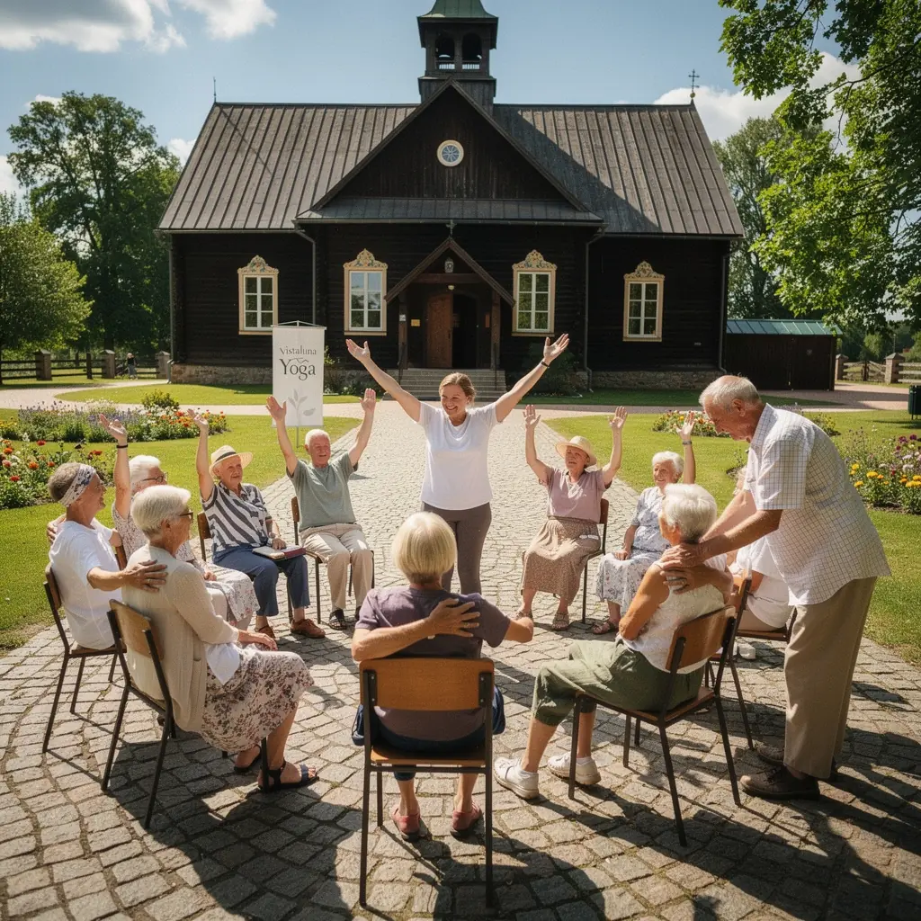 Seniori, kas praktizē jogu grupā, lai uzlabotu elastību un koordināciju.