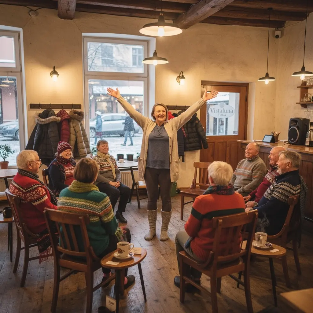 Mierīga jogas nodarbība, kurā tiek izmantotas krēsla atbalsta metodes.